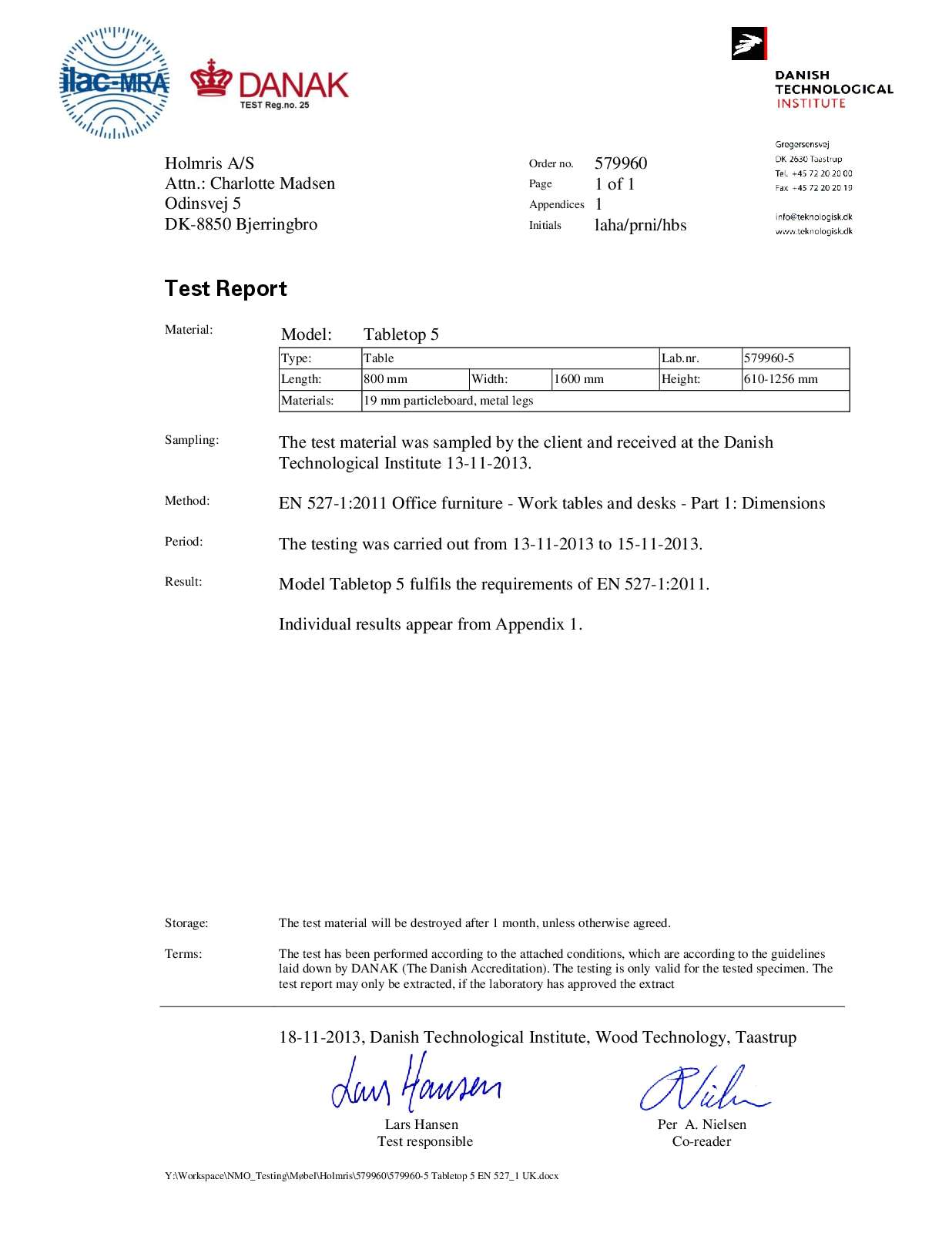 Test report - Desk 800x1600 - EN 527-1