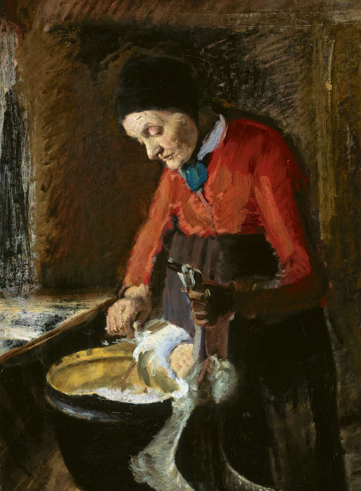 Anna Ancher: ” Gamle Lene plukker en gås”. (1885/1890). Skagens Kunstmuseer