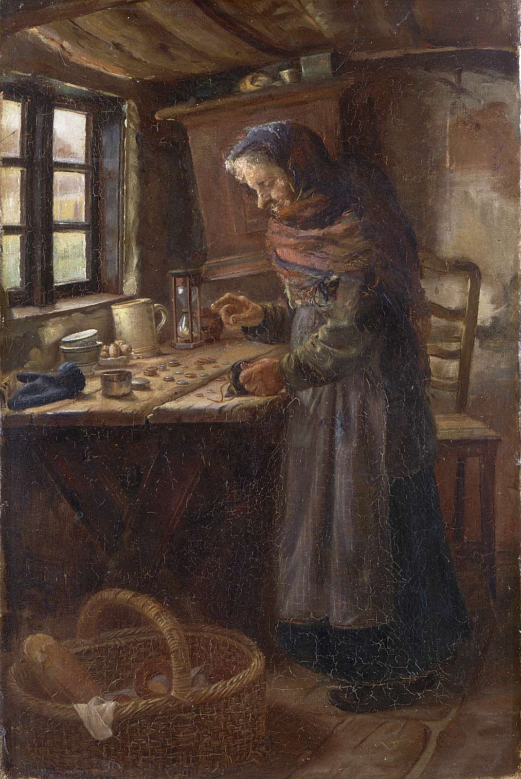 Anna Ancher: ” Stine Bollerhus tæller de ved salg af hvedebrød indvundne penge”. (1879). Skagens Kunstmuseer