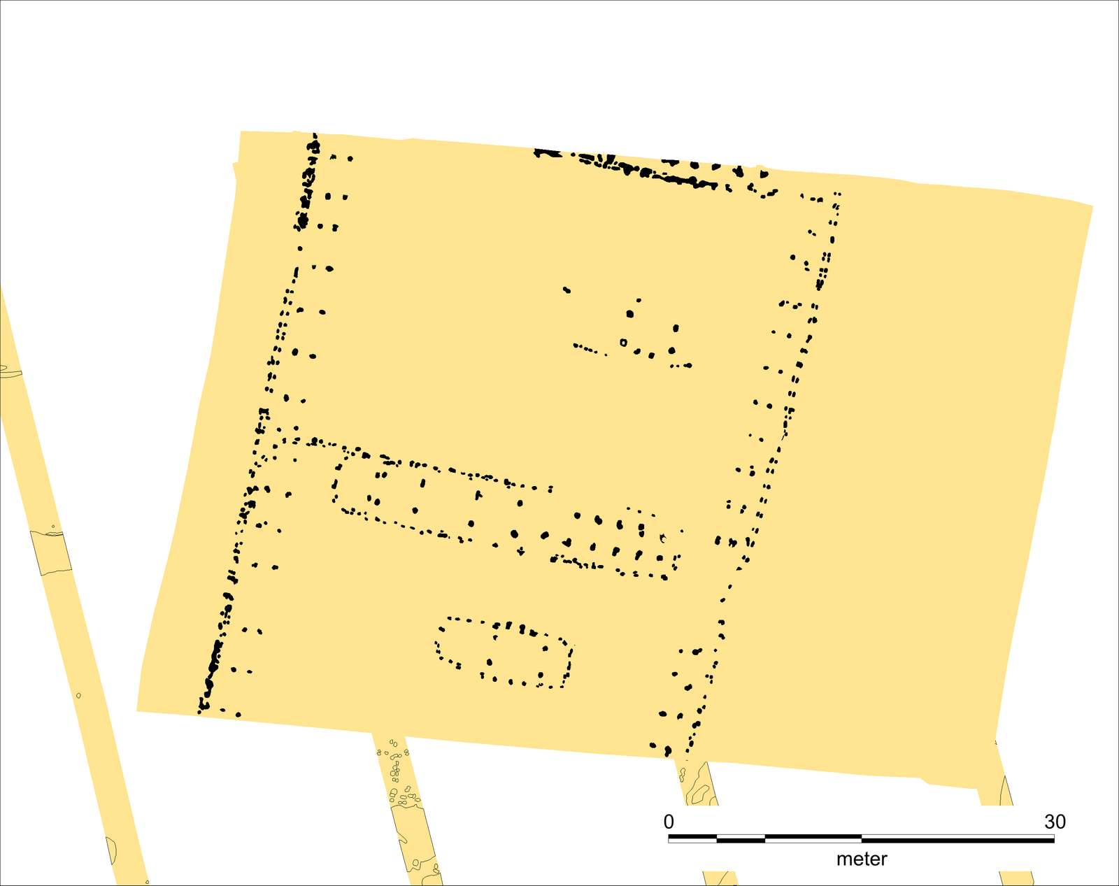 Plan over to sammenbyggede gårde fra Oster Mattel, som de kan have set ud ved katastrofen i ca. år 536 e.kr. Plan, Sydvestjyske Museer