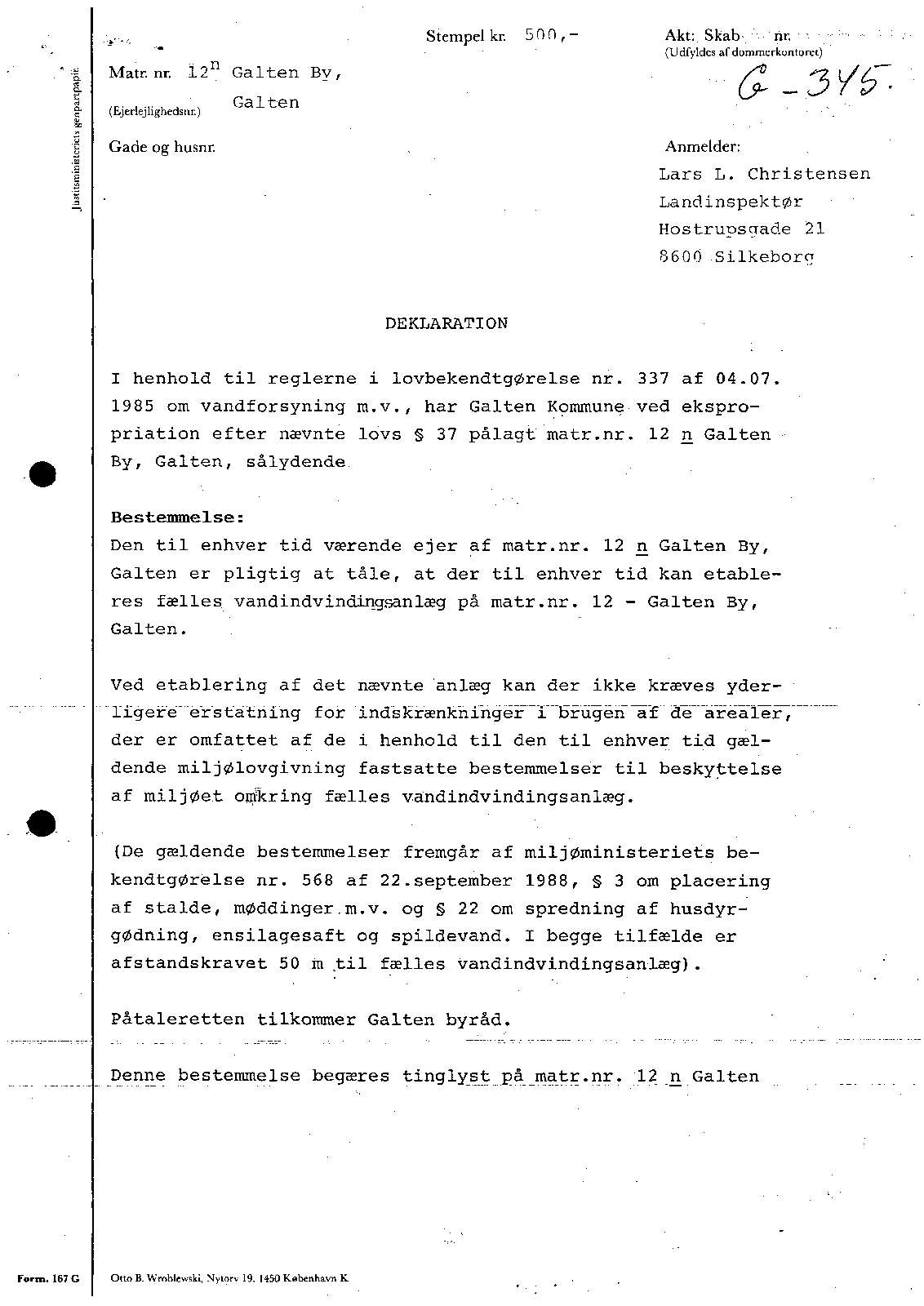 Servitut af 13.05.1991 Dok. om beskyttelsesbælte omkring vandindledningsanlæg vedr. 12n