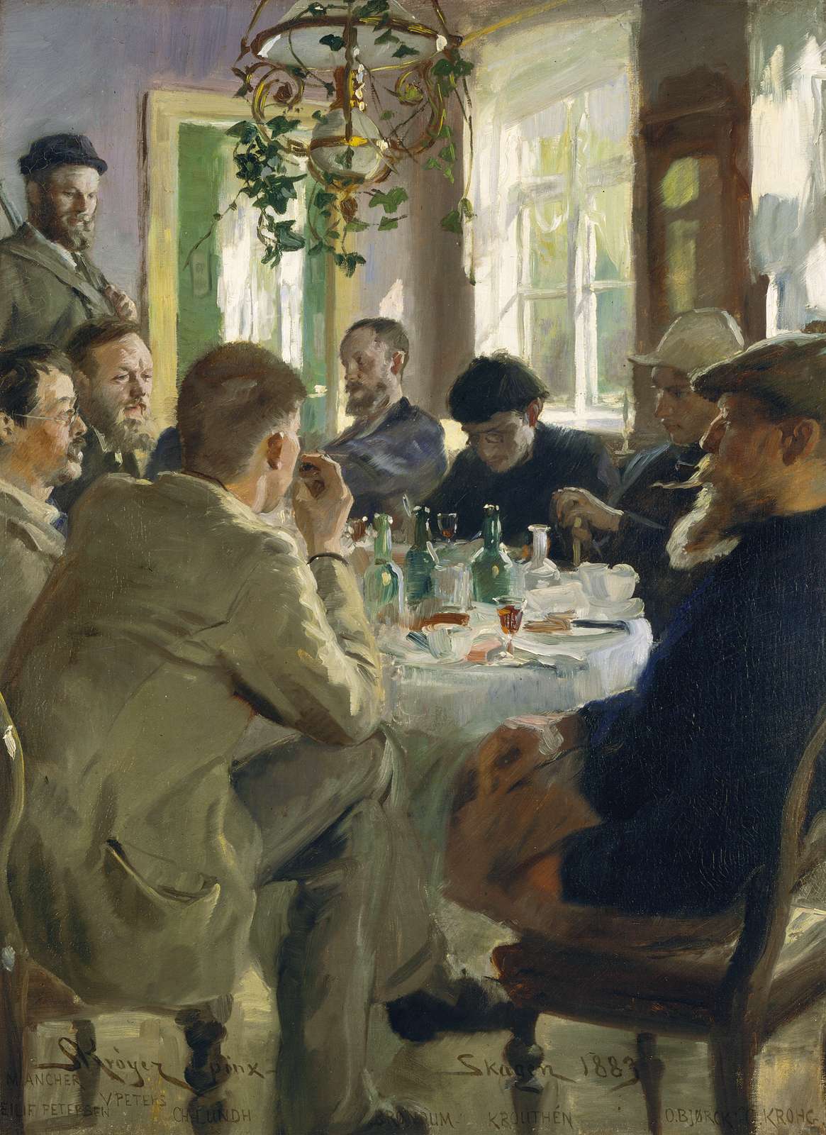 P.S. Krøyer: Ved frokosten. 1883. Skagens Kunstmuseer | P.S. Krøyer: Artists' luncheon at Brøndum's Hotel. 1883. Art Museums of Skagen