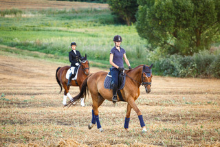 two girls ride horses on the field.