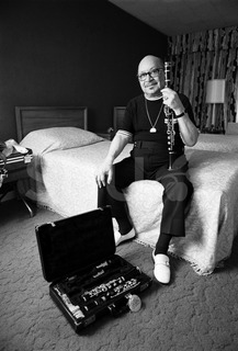 Barney Bigard. In a hotel room with his clarinet, New York, 1975