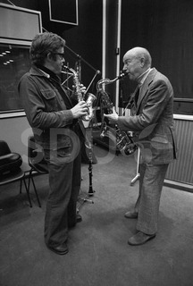 Bud Freeman and Bob Wilber. Having A Recording session, London, 1975