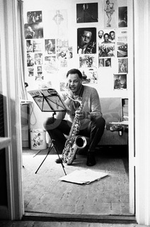Dexter Gordon. Practicing on saxophone at his home, Copenhagen,1976