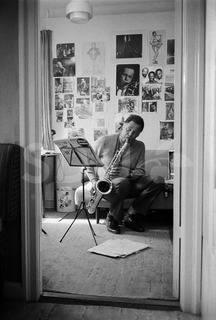 Dexter Gordon. Practicing his saxophone at his home, Copenhagen,1976