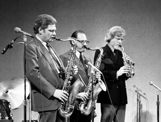 Zoot Sims, Al Cohn, and Gerry Mulligan. In concert, New York, 1976