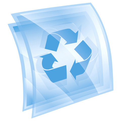 Recycling symbol icon blue square, isolated on white background.