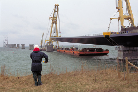 The construction of the Storebælt Bridge.