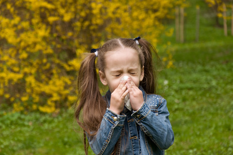The girl has a runny nose. flowers pollen allergy. The girl is allergic to the pollen of flowers.