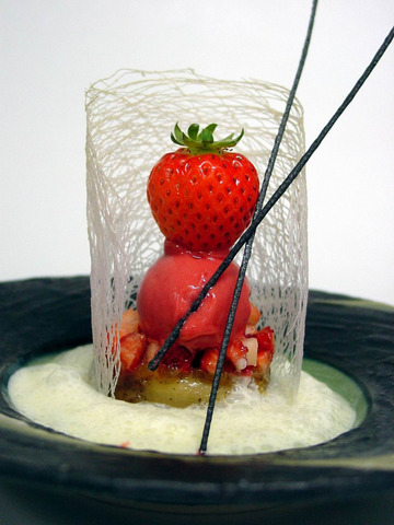 Cold caramelized fruit served with seasonal fresh strawberry