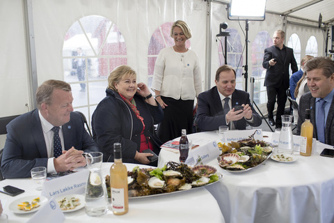 Lars Løkke Rasmussen, Erna Solberg, Mary Gestrin, Stefan Löfven & Bjarni Benediktsson at the launch of the Nordic prime ministers' initiative "Nordic Solutions to Global Challenges", May 2017