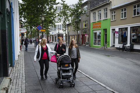 Young women with stroller in Reykjavik
