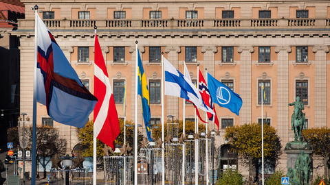The Riksdag in Stockholm with nordic flags