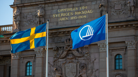 The Riksdag, Stockholm, with Nordic flag