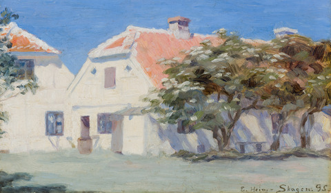 Einar Hein: ” Huse med hyldetræer. Skagen Vesterby”. 1895. Skagens Kunstmuseer