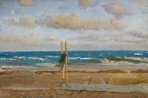 Michael Ancher: ” Strandstudie med garn ophængt til tørring”. 1902. Skagens Kunstmuseer
