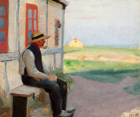Michael Ancher: ” Fisker Niels Gaihede udenfor sit hus i Skagen Østerby”. 1887