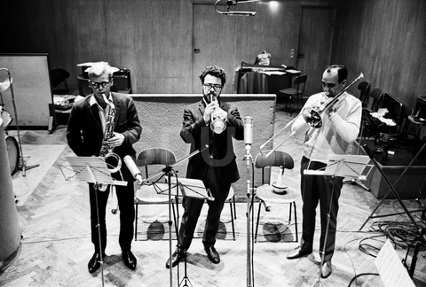 Ole Kongsted, Arnvid Meyer and John Darville. Member of Arnvid Meyer´s Orchestra, recording in Metronome Studio, Copenhagen, 1965