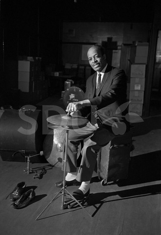 Jo Jones. Practicing drums in a warehouse, New York, 1966