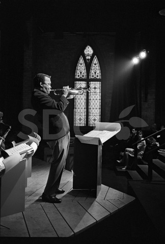 Howard McGhee. Playing trumpet at St. Clemens Church, New York, 1966