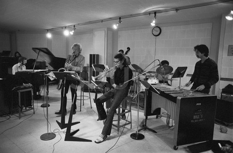 Gerry Mulligan, Chet Baker, BobJames and Dave Samuels. In recording studio, New York, 1975