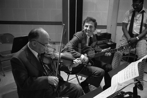 Joe Venuti, Bucky Pizzarelli, And Milt Hinton. Practicing in a studio, New York, 1975