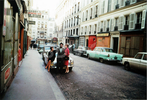 Ben Webster. And Grethe Kemp (in red) and one unknown lady, outside their hotel in paris, April 1965