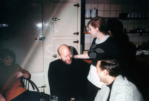 Herluf Kemp Larsen. In the middle of the picture with the black blouse. Sitting in the kitchen on Jazz house Montmartre In Copenhagen.