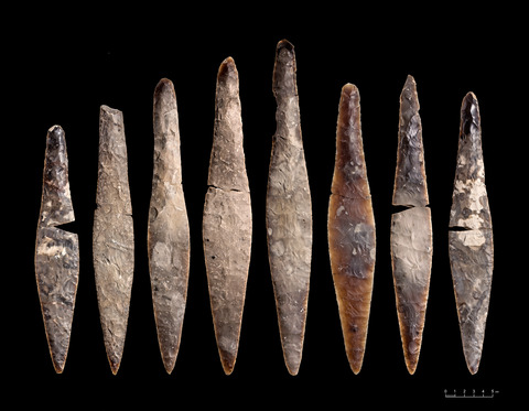 De otte lancetformede flintdolke fra St. Heddinge, Stevns. Foto, Museum Sydøstdanmark