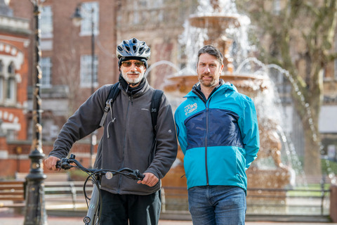 Making cycling e-asier beneficiary Zafar Saleem stands next to Dan Fox after collecting his free one month e-cycle loan from Leicester Bike Park community hub. Taken Monday, 20 Feb 2023.
