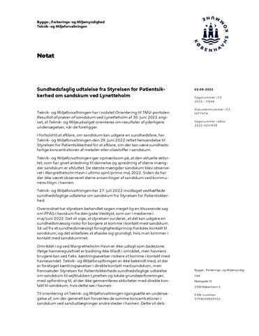 Notat til TMU portalen om sundhedsfaglig udtalelse fra Styrelsen for Patientsikkerhed om sandskum ved Lynetteholm