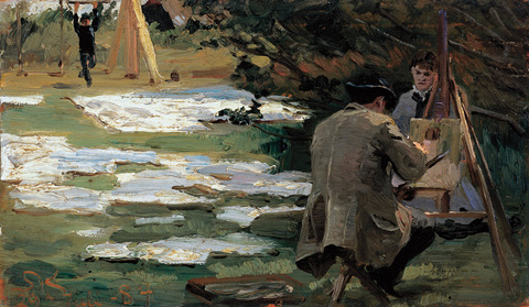 P.S. Krøyer: Oscar Björck maler i Brøndums gamle have. 1884. Skagens Kunstmuseer | P.S. Krøyer: Oscar Björck paints in Brøndum's old garden. 1884. Art Museums of Skagen
