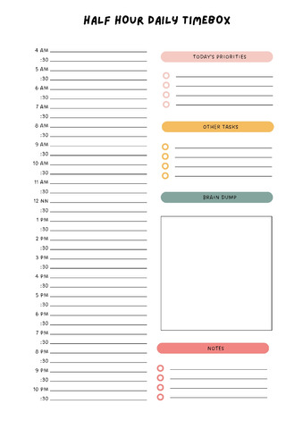Colorful Minimalist Half Hour Daily Time Box Planner
