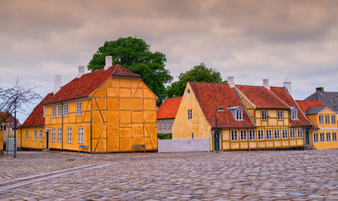 Historical colorful danish buildings in Roskilde, Denmark